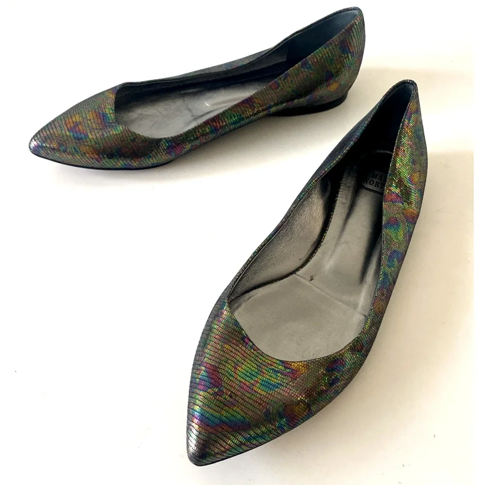 Mary Norton Ballet Flat Point Toe Leather Multi Color Snake Embossed 38.5